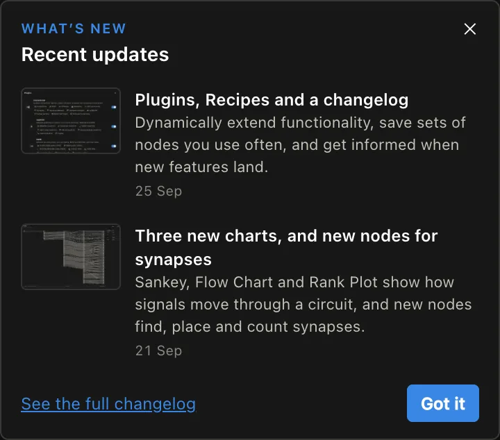 The What’s New card in the corner of the editor, listing a recent update with a link to the changelog.