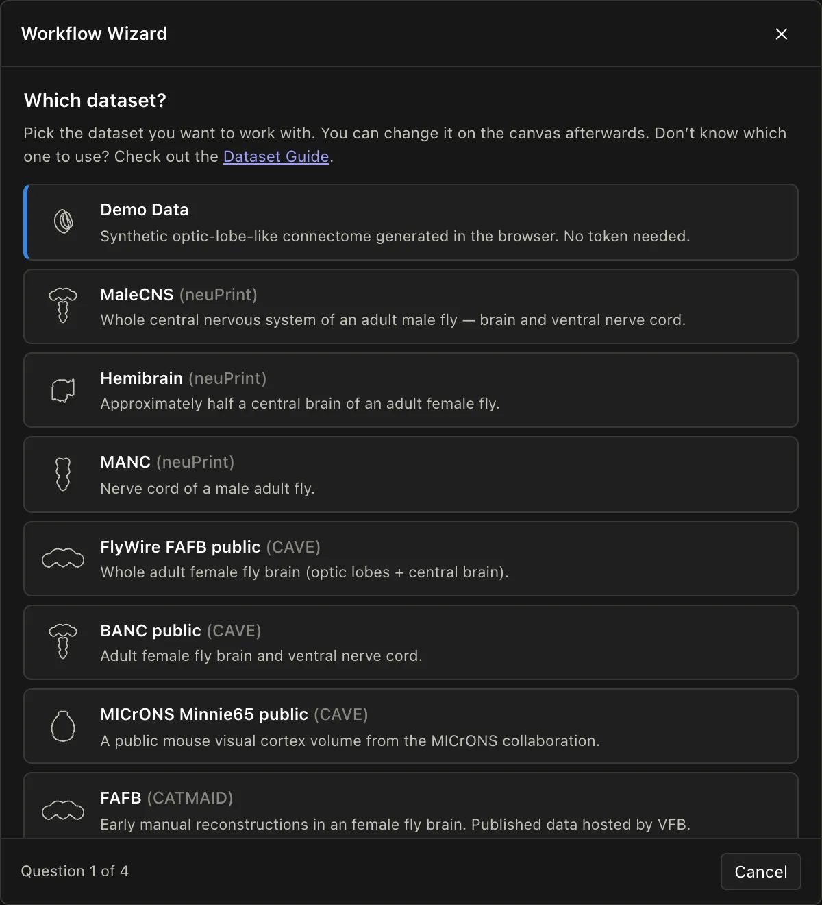 The Workflow Wizard’s first question, listing the connectomes to build a workflow on.